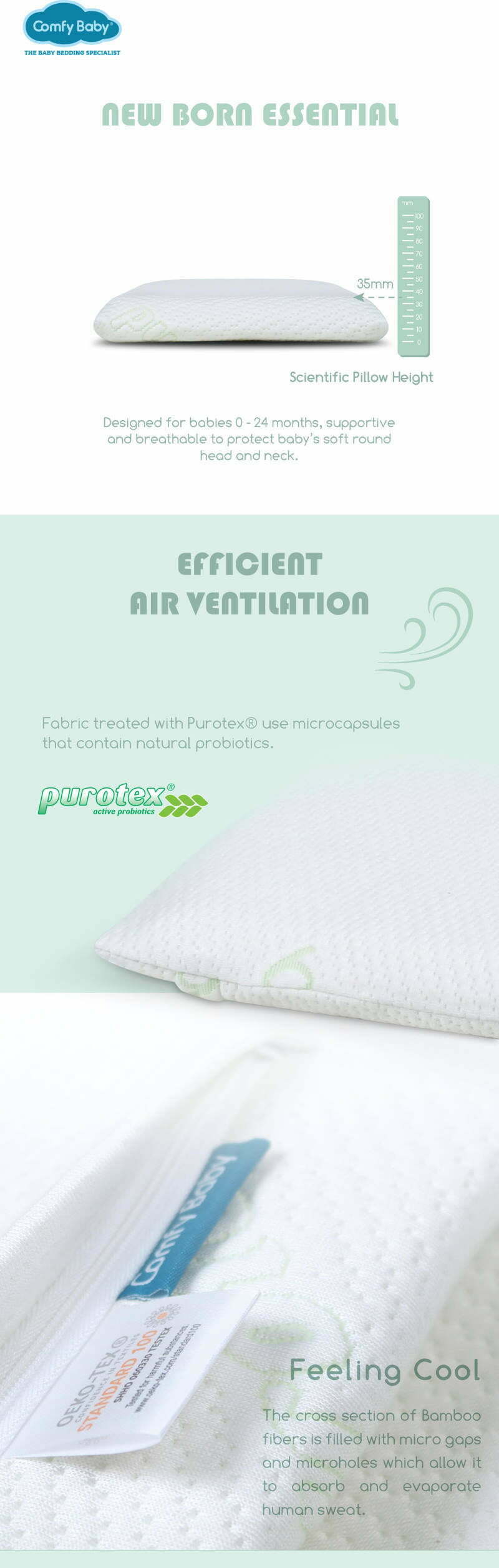 Comfy Baby Purotex Newborn Pillow Product Descriptions