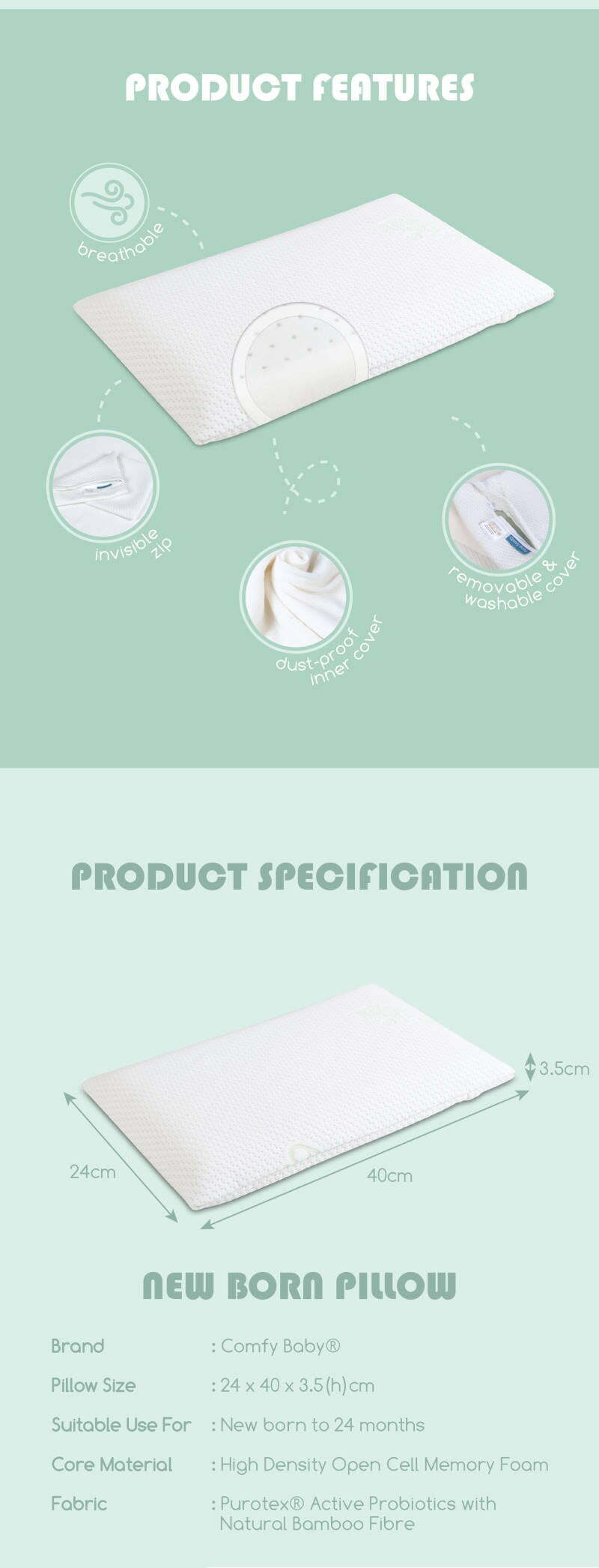 Comfy Baby Purotex Newborn Pillow Product Descriptions