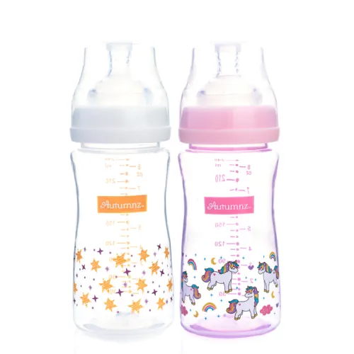 Autumnz PP Wide-Neck Feeding Bottle 240ml TWIN PINK RAINBOW UNICORN & YELLOW STARRYwebp