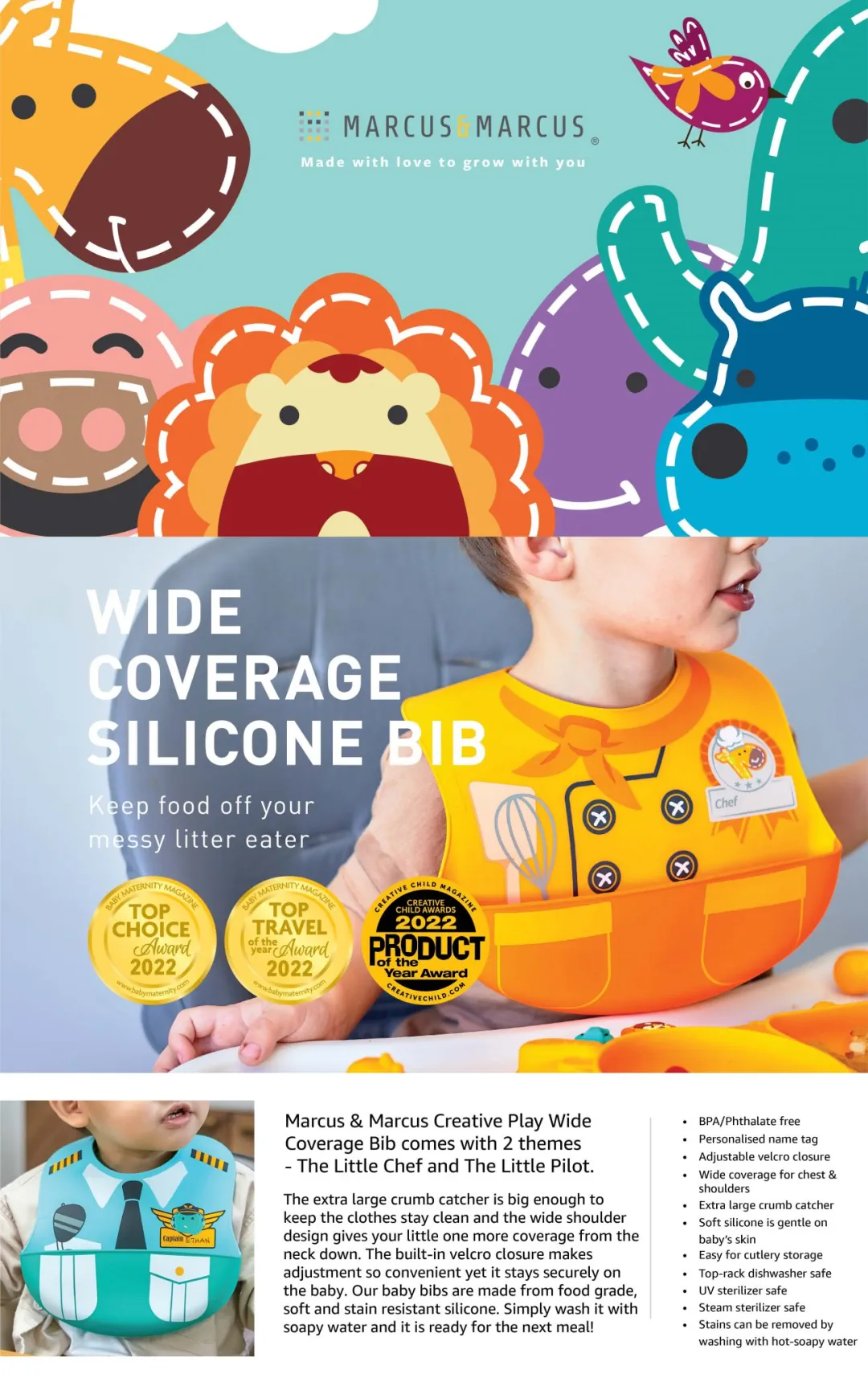 Marcus & Marcus Wide Coverage Silicone Bib