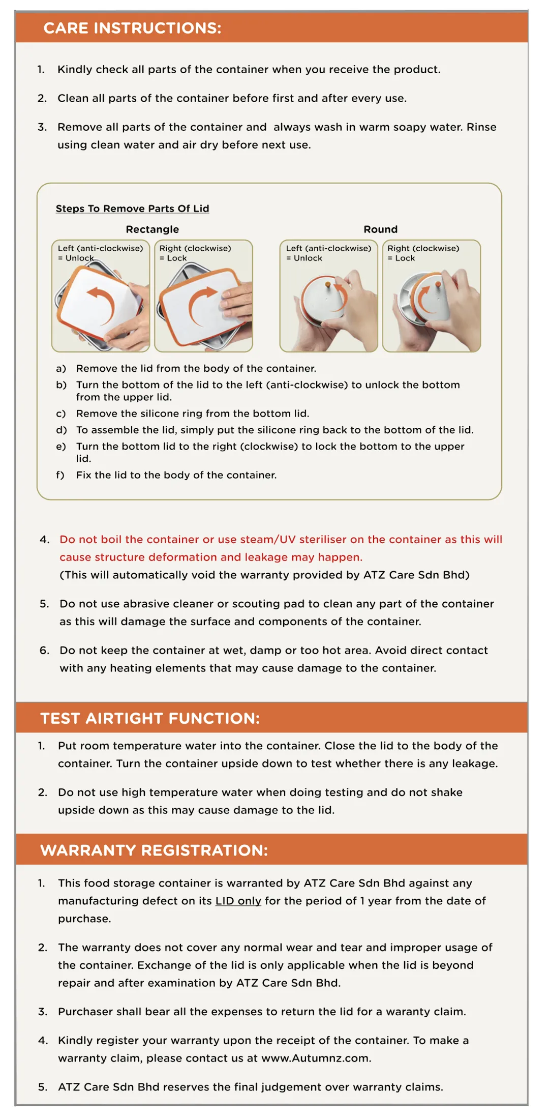 Autumnz Food Storage Container CARE INSTRUCTIONS