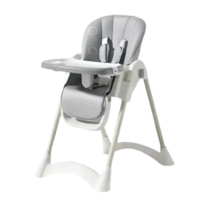 Gray and white baby high chair with adjustable seat and tray