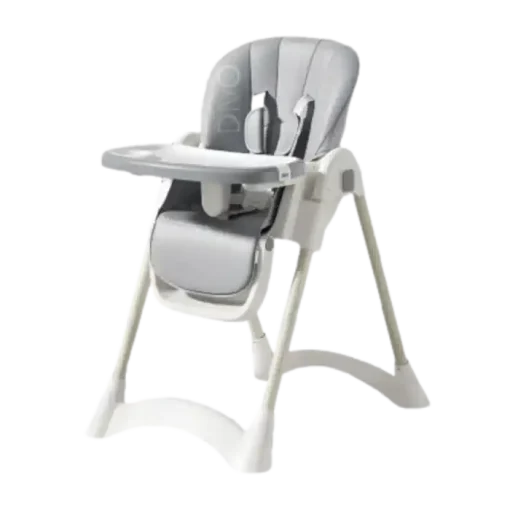 Gray and white baby high chair with adjustable seat and tray