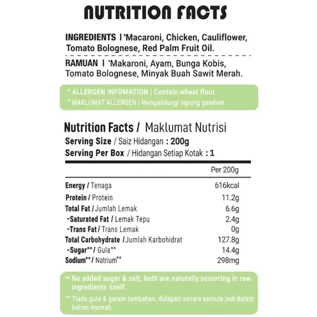 MommyJ Instant Macaroni CHIECKEN BOLOGNESE NUTRITION FACTS