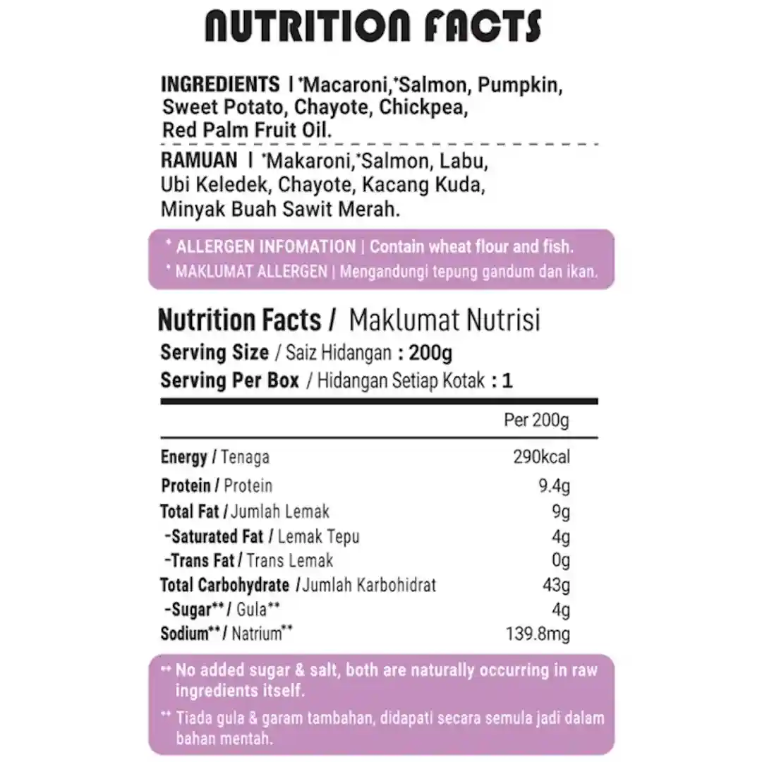 MommyJ Instant Macaroni SALMON CHICKPEA NUTRITION FACTS