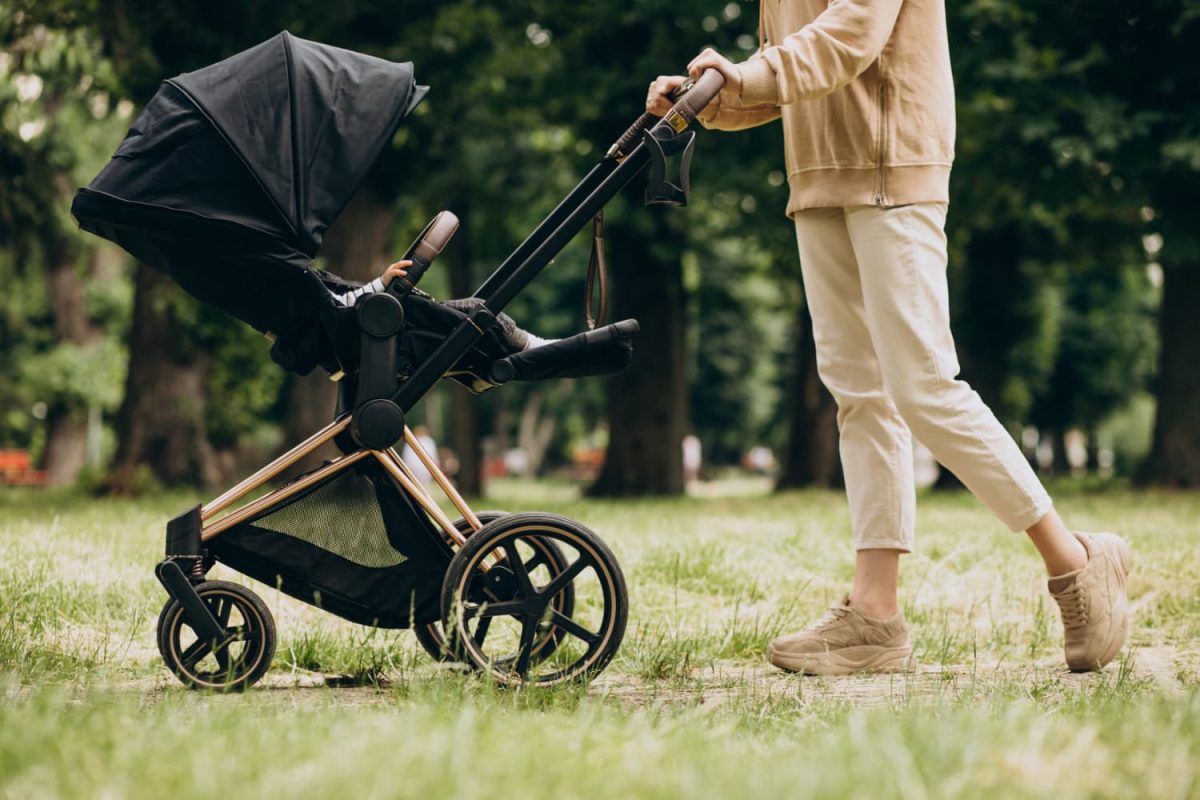 mom using baby stroller in the park